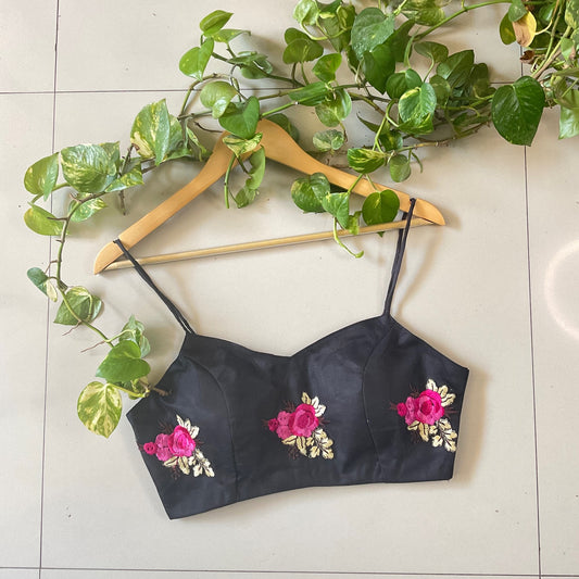 YADNYEE – Black Embroidered Net Spaghetti Blouse