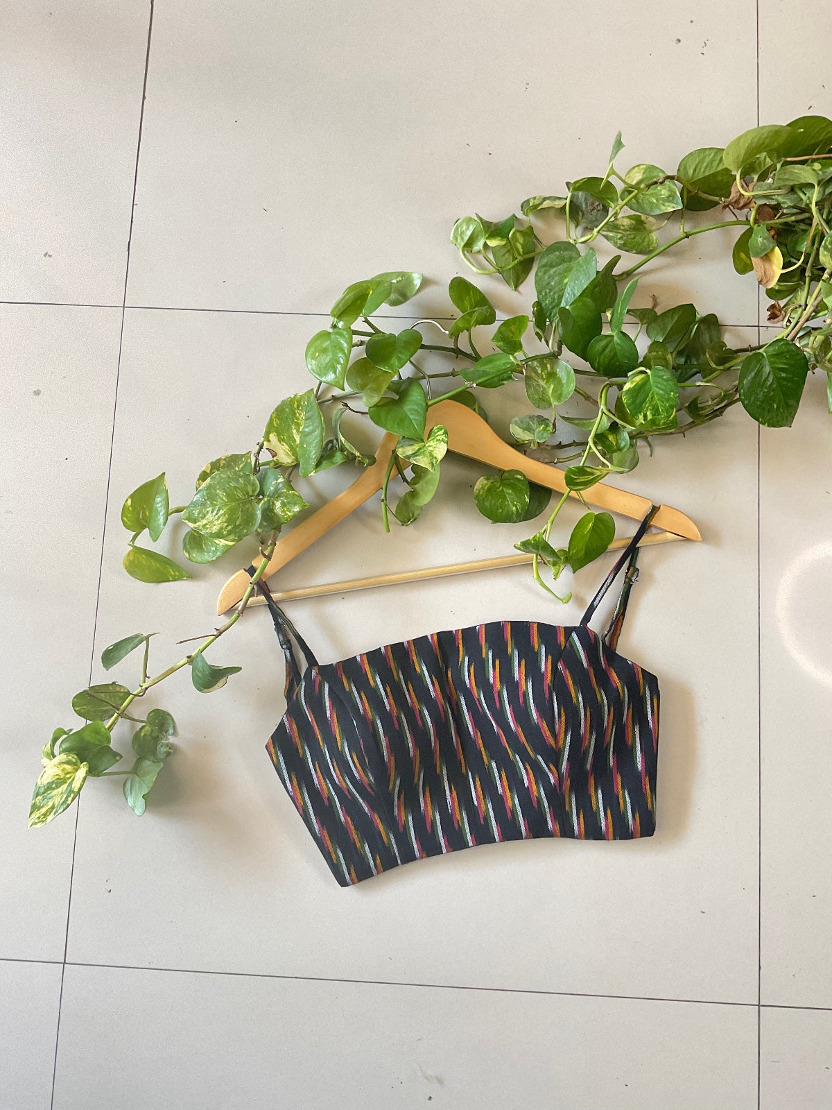 YADNYE – Black Handwoven IKAT Spaghetti Blouse