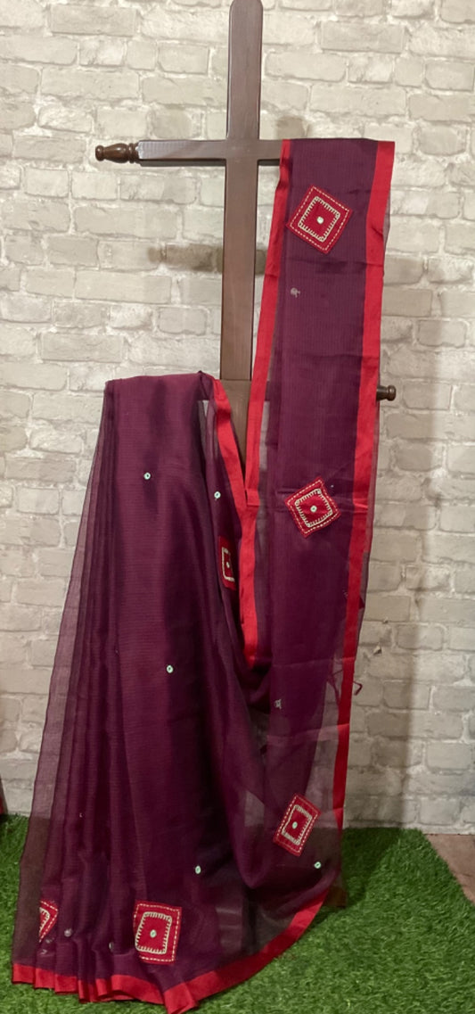 Mauve Kota Cotton Embroidery Saree – Elegant Handcrafted Saree with Stitched Blouse