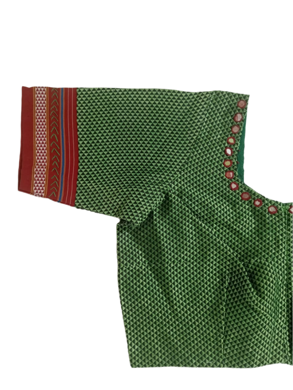 Green patterned blouse with red and brown accents on a white background