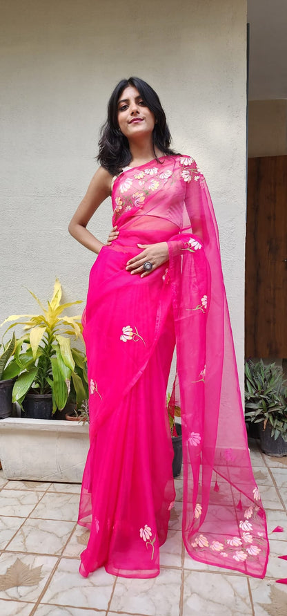 Blush Bloom – Hand-Painted Pink Organza Saree
