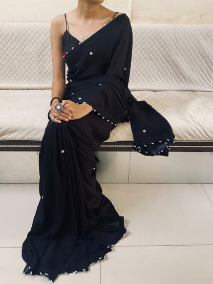 Timeless Elegance – Black Chiffon Saree with Pearl Motifs