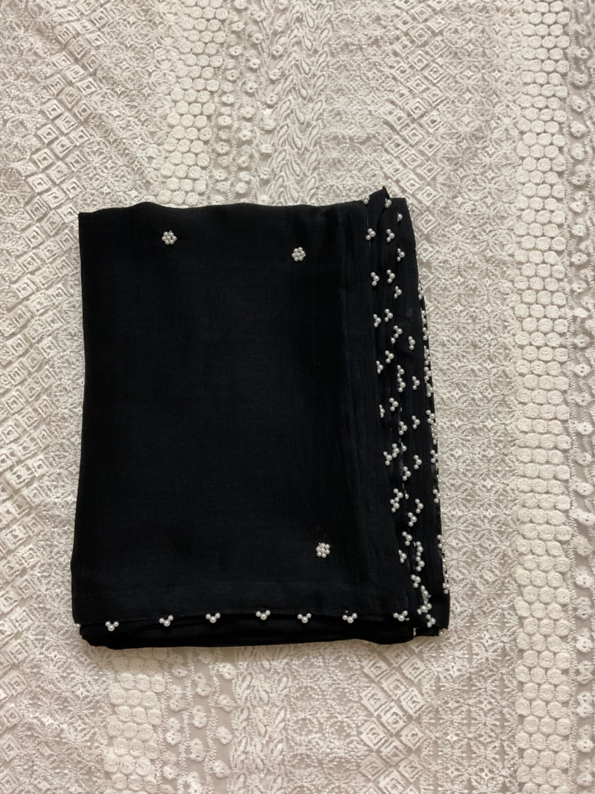 Timeless Elegance – Black Chiffon Saree with Pearl Motifs