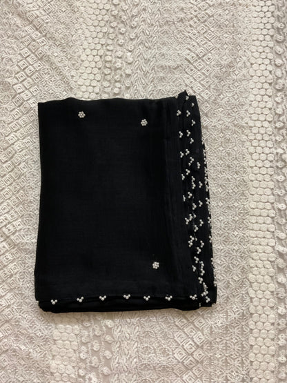 Timeless Elegance – Black Chiffon Saree with Pearl Motifs