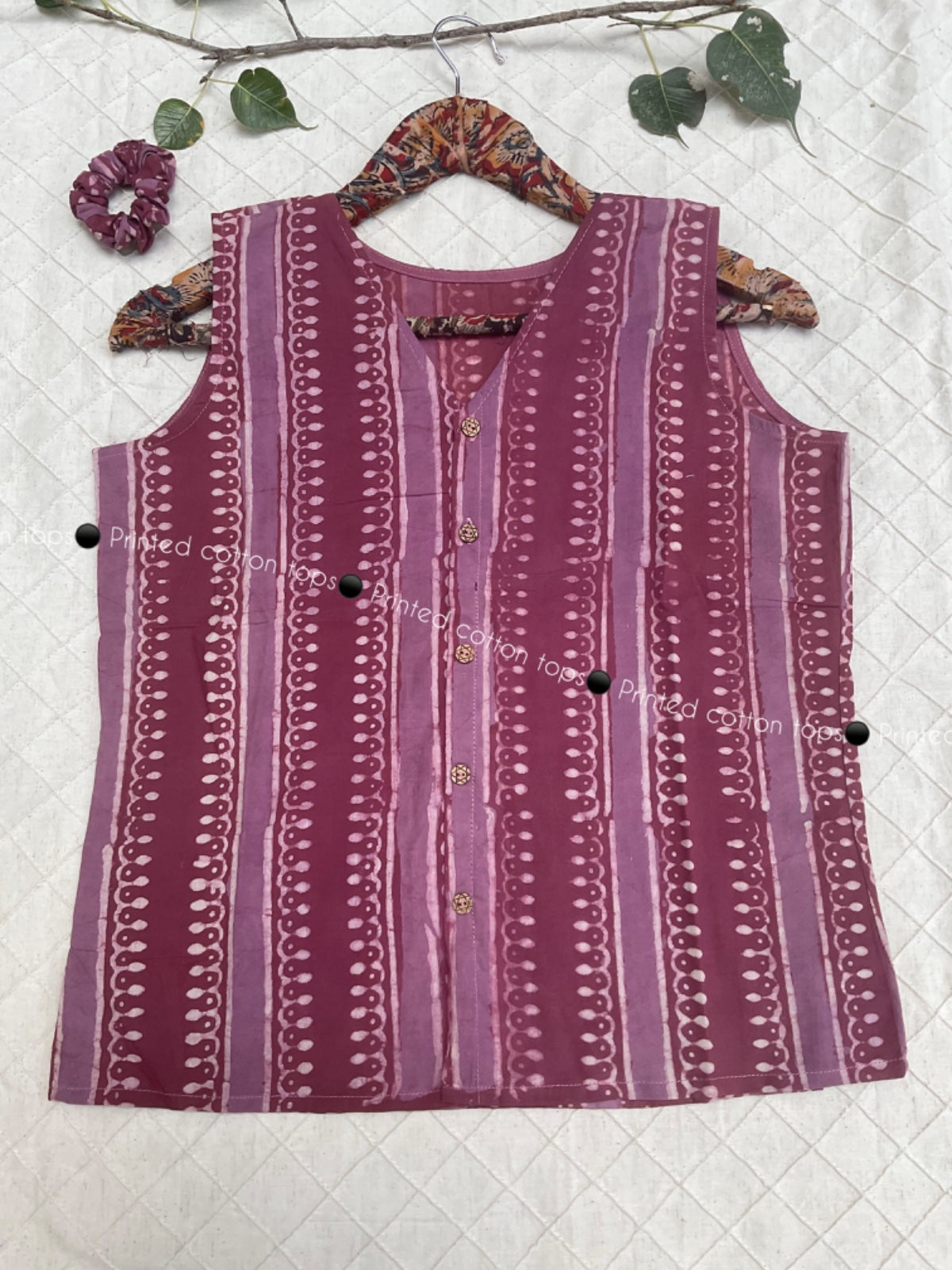 Magenta Pink Pure Cotton V-Neck Top with Matching Scrunchie