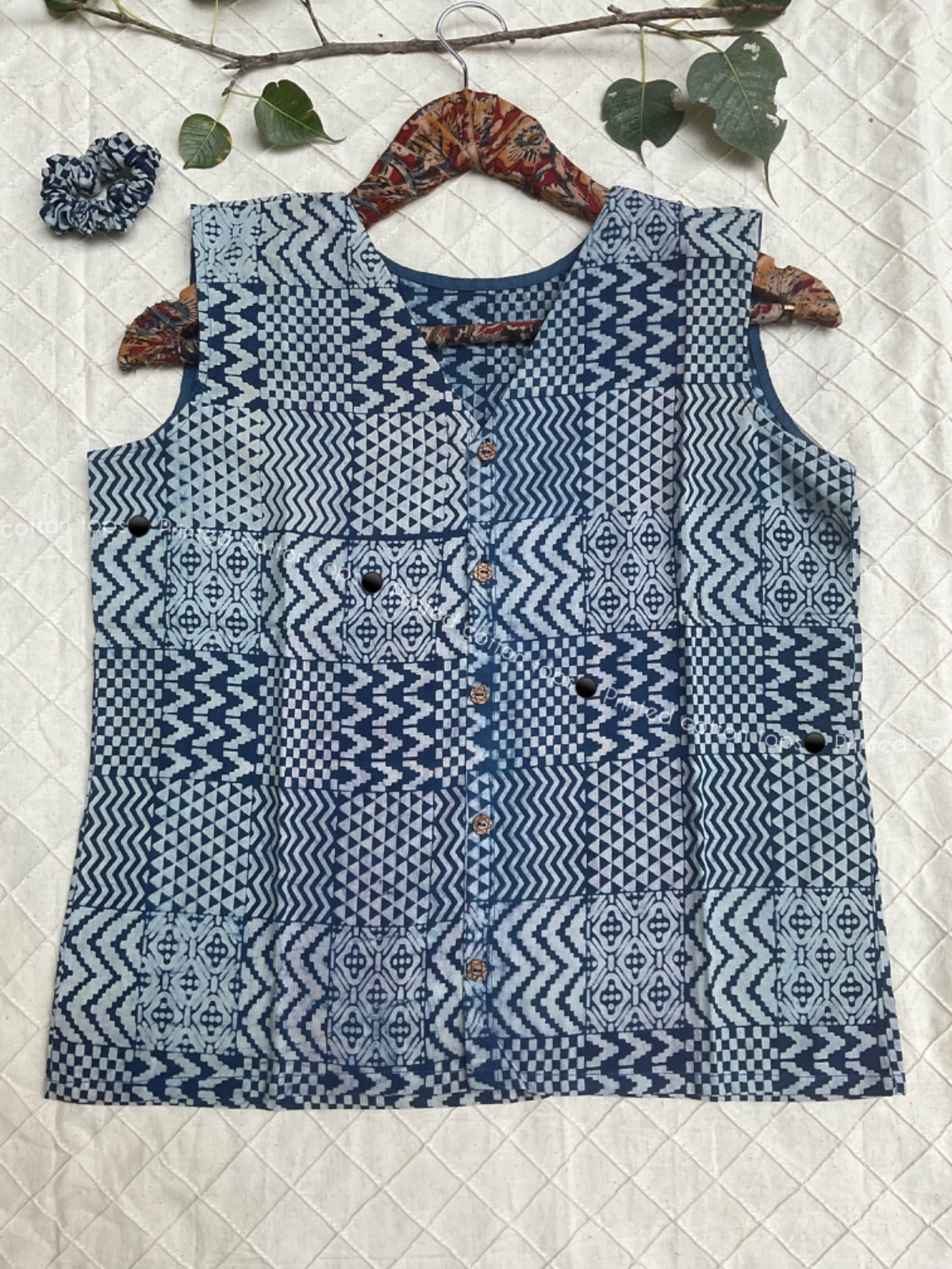 Indigo Pure Cotton V-Neck Top with Matching Scrunchie