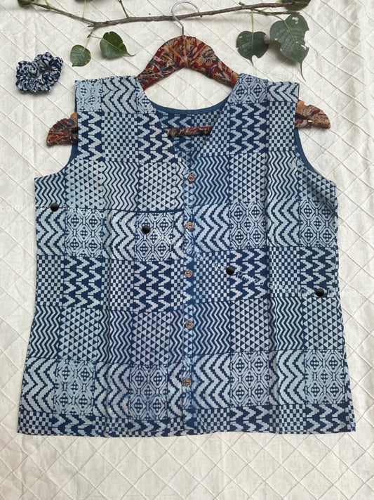 Indigo Pure Cotton V-Neck Top with Matching Scrunchie