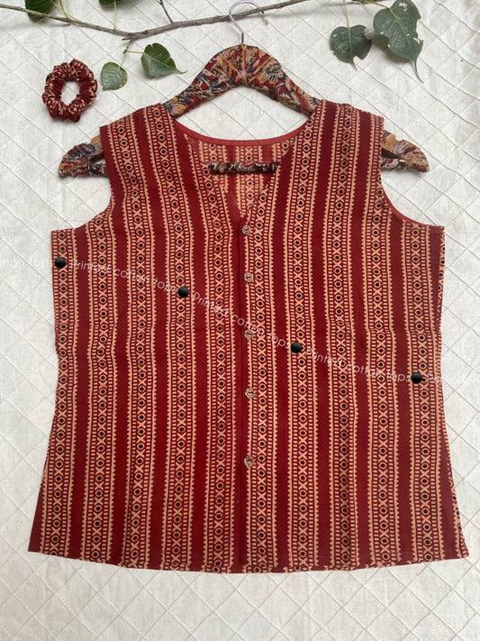 Rust Red Pure Cotton V-Neck Top with Matching Scrunchie