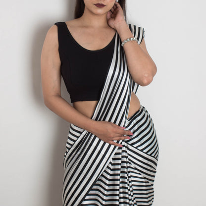 Zebra Print Black & White Satin Saree with collar net blouse - Retro Elegance in Japan Satin