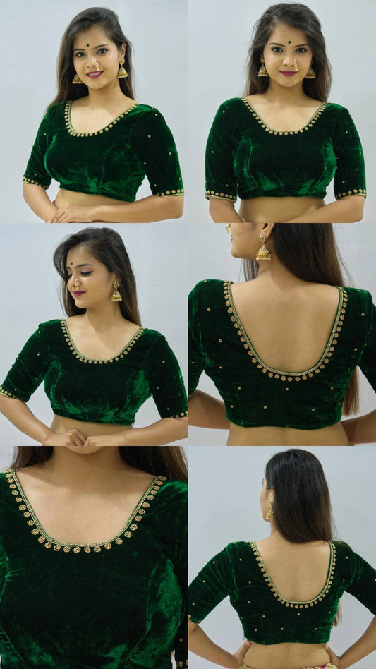 Velvet Blouse with Zardozi Ariwork Hand Embroidery – Green Saree Blouse