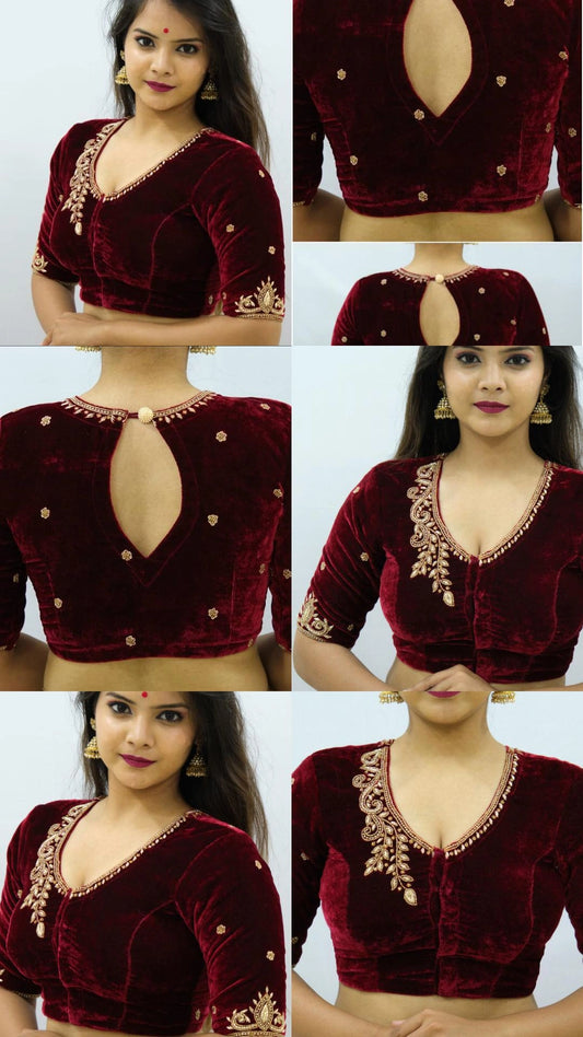 Velvet Blouse with Zardozi Ariwork Hand Embroidery – Maroon Saree Blouse