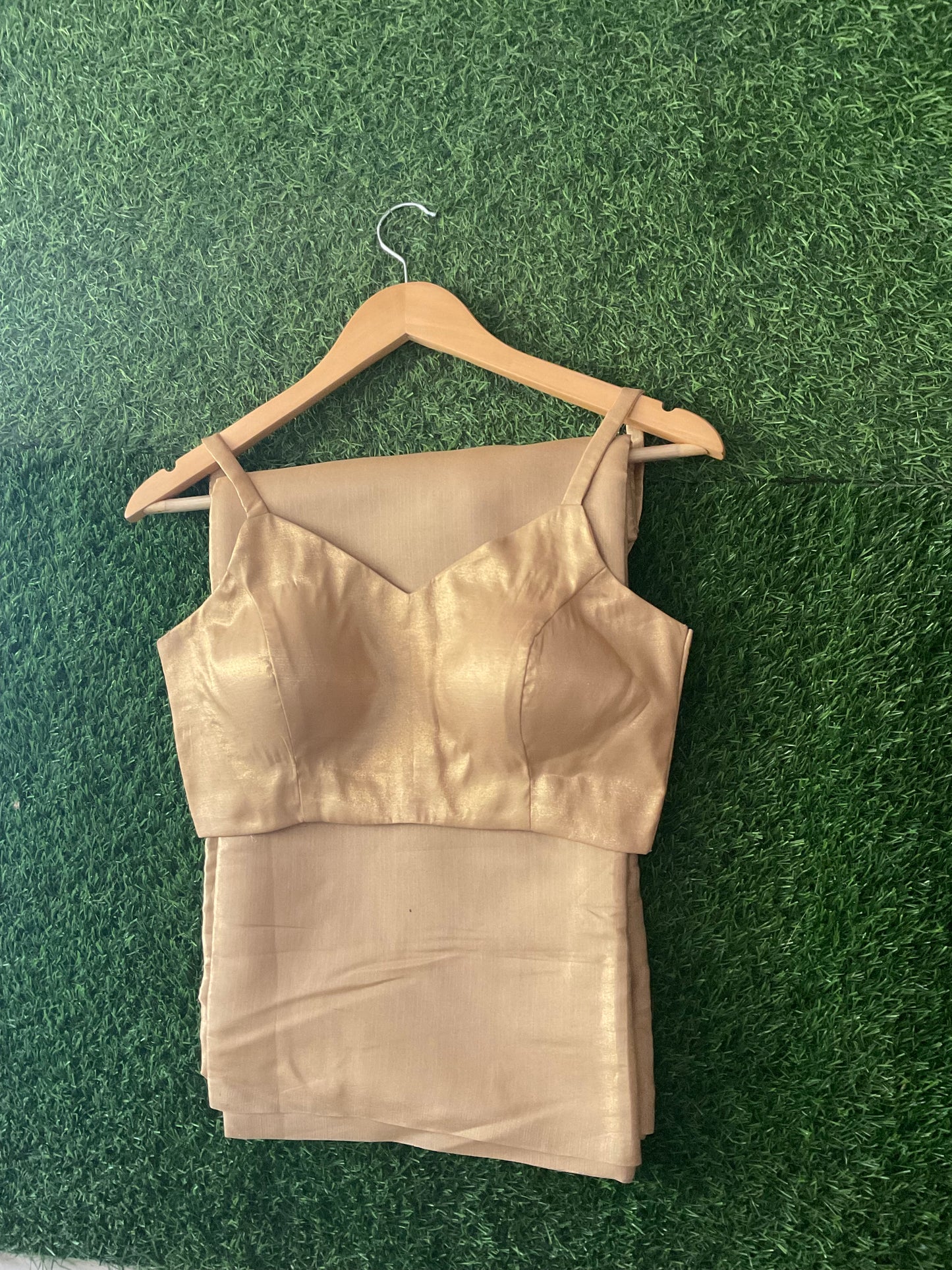 Shimmery Chiffon Saree with Stitched Sleeveless Blouse