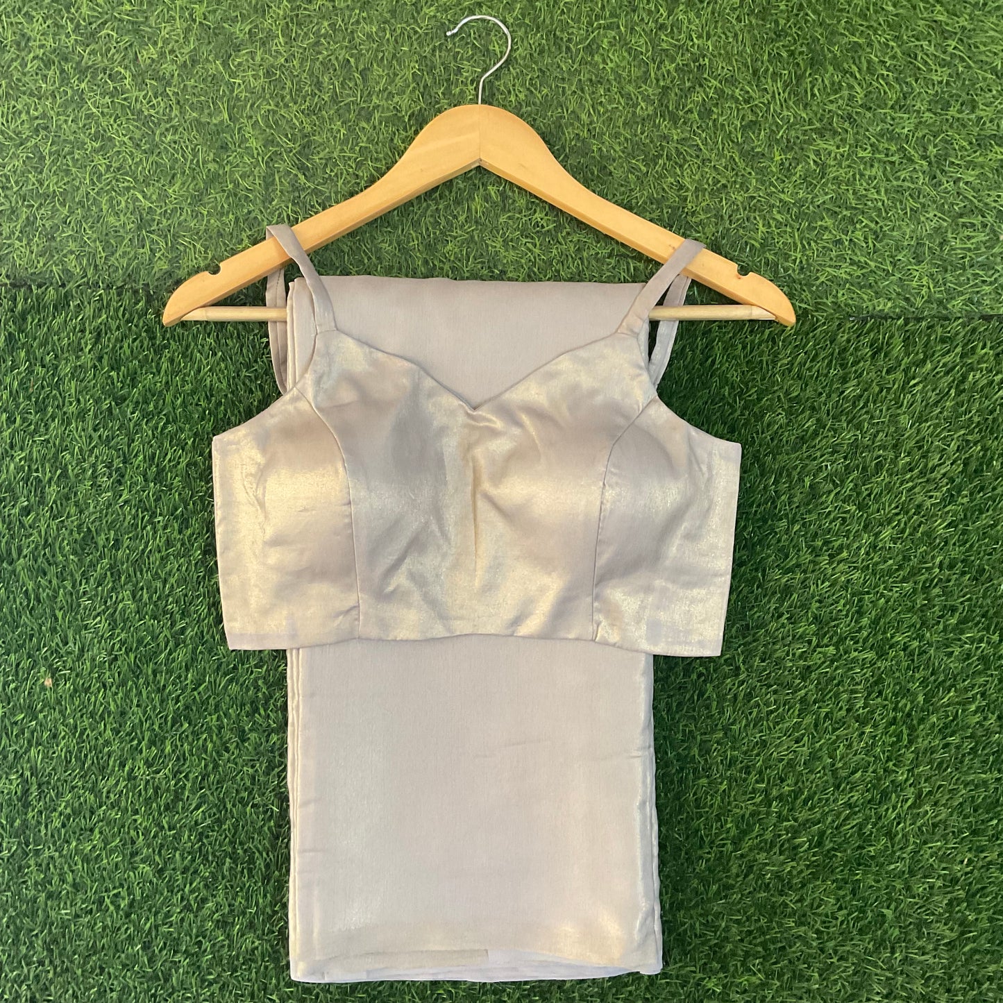 Shimmery Chiffon Saree with Stitched Sleeveless Blouse