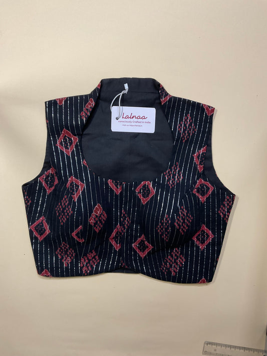 ADAA  Ikat Stripe Blouse – Black with Red Motifs
