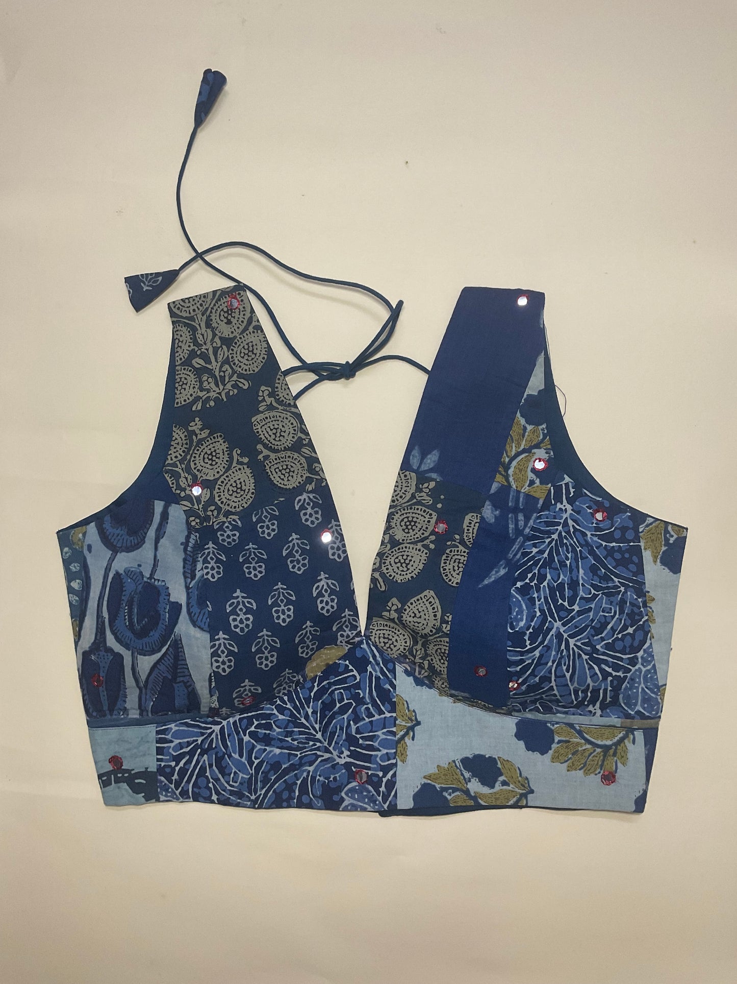 Indigo patchwork deep-v neck blouse
