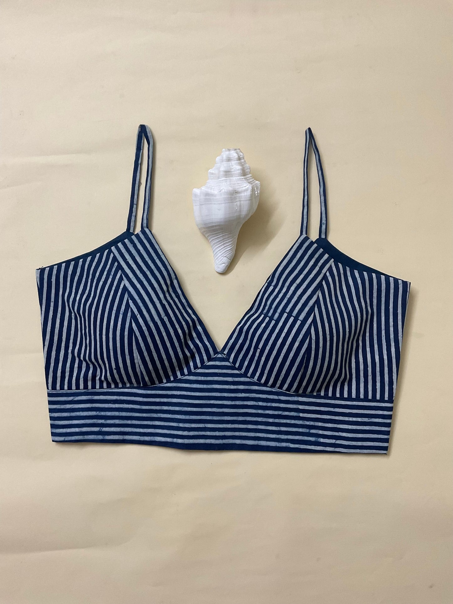 Indigo Striped Cotton Bralette Blouse with Back Opening