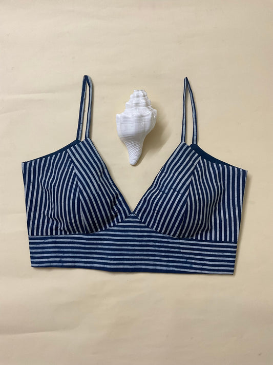 Indigo Striped Cotton Bralette Blouse with Back Opening