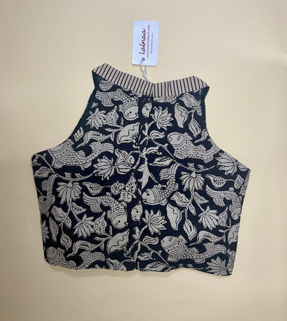 Reva -black KalamKari and stripped coller blouse/crop top