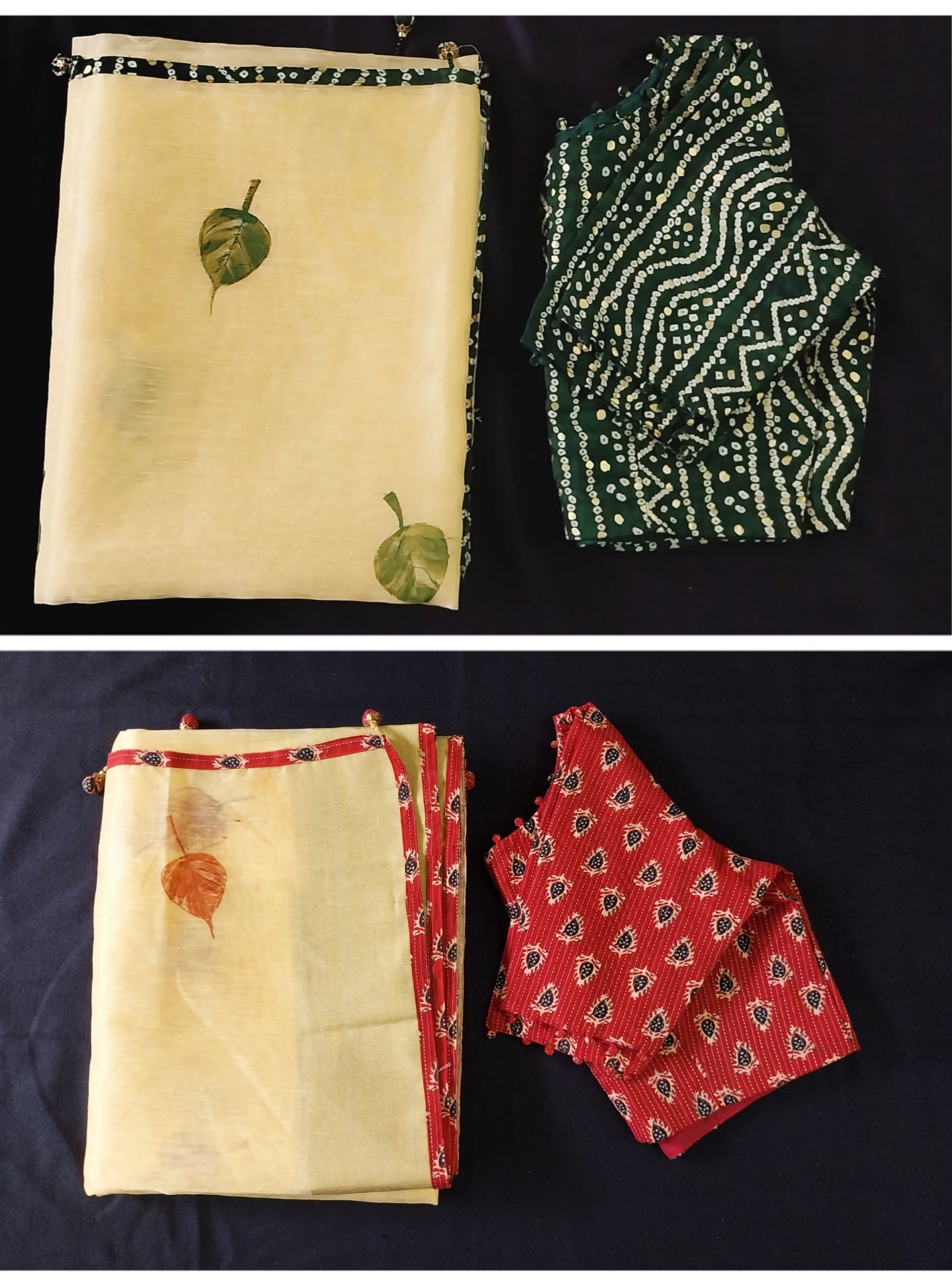 Block Print Saree -Handcrafted Light Yellow Organza with Pipal Leaf Design