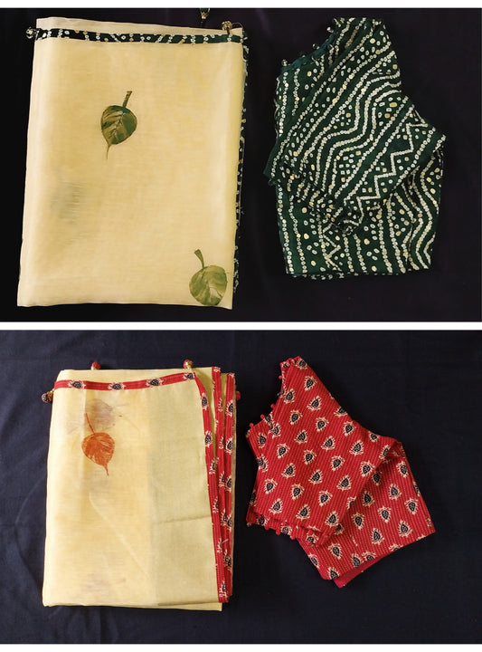 Block Print Saree -Handcrafted Light Yellow Organza with Pipal Leaf Design