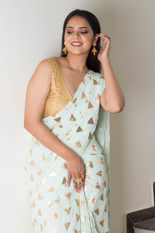 Foil Print Georgette Saree - Pastel Shades with Lily Silk Accents