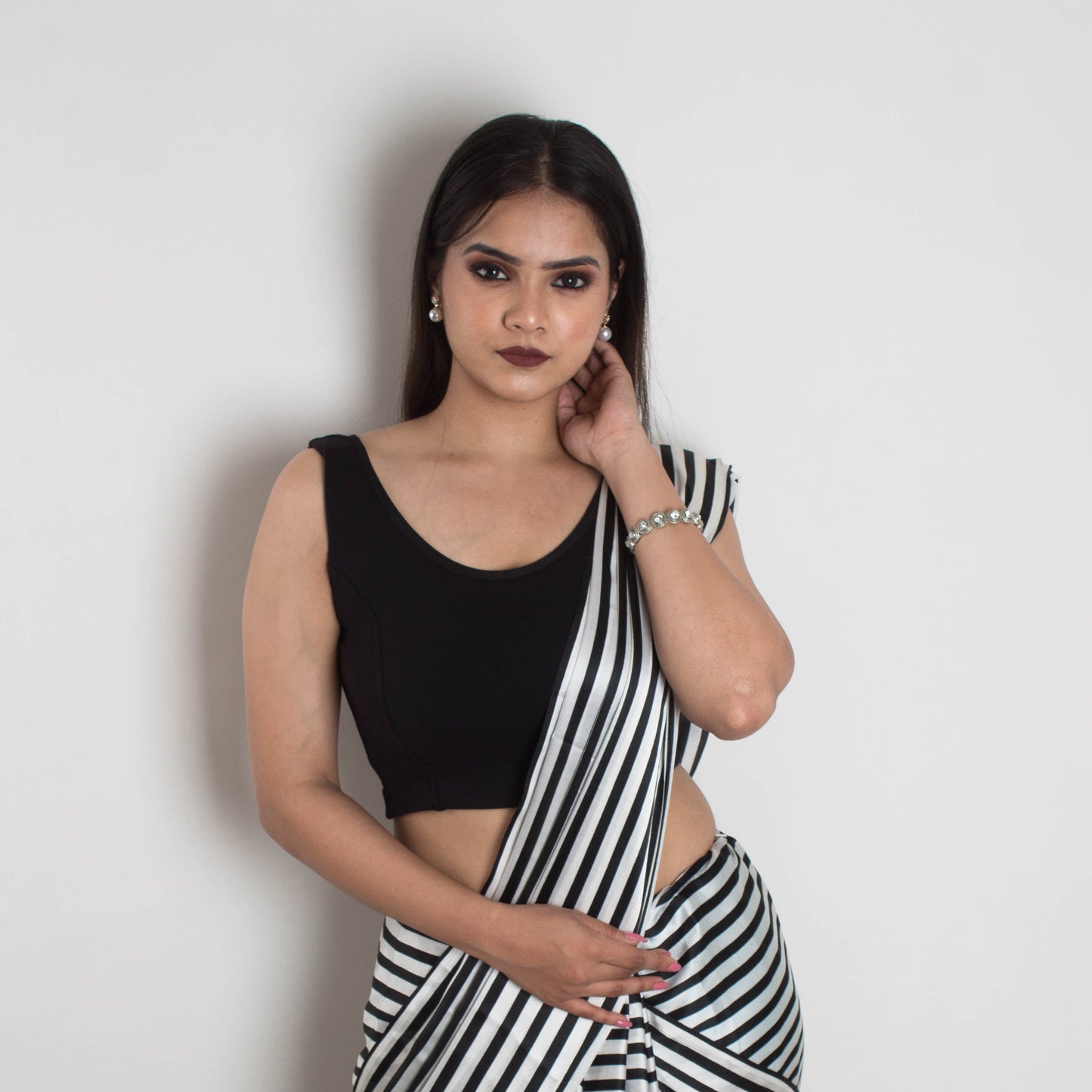 Zebra Print Black & White Satin Saree with collar net blouse - Retro Elegance in Japan Satin