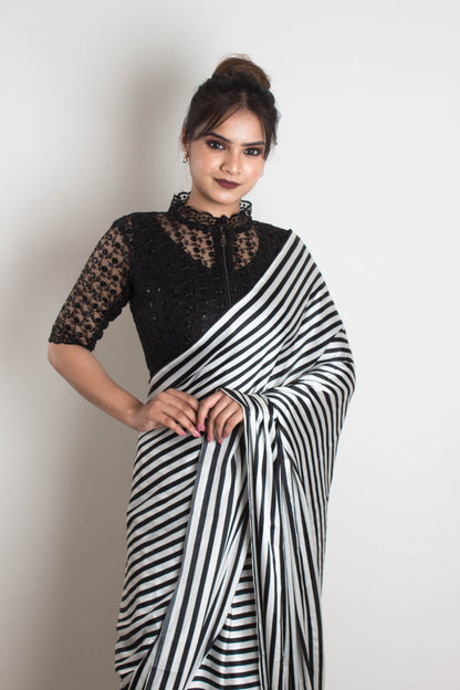Zebra Print Black & White Satin Saree with collar net blouse - Retro Elegance in Japan Satin
