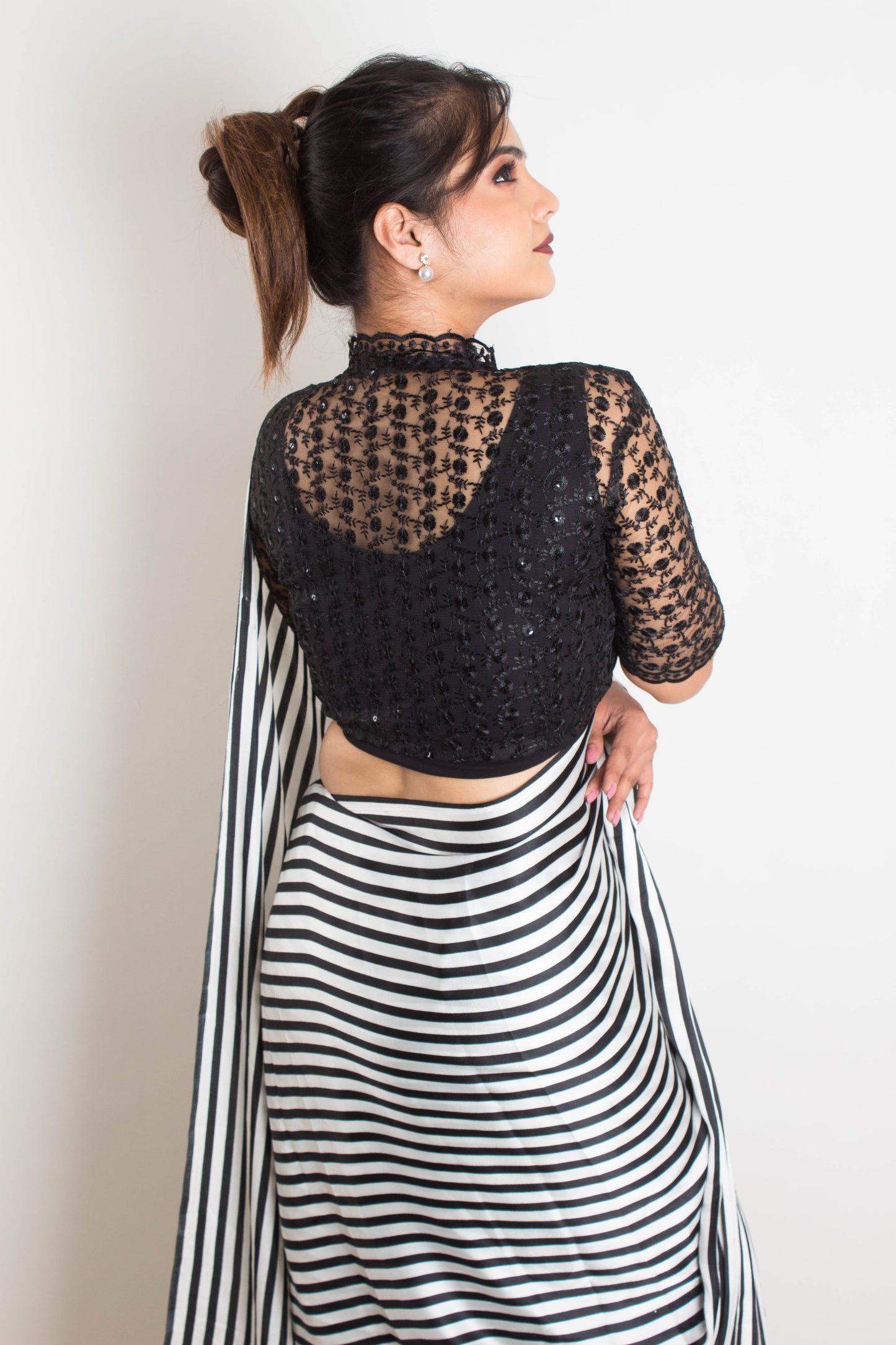 Zebra Print Black & White Satin Saree with collar net blouse - Retro Elegance in Japan Satin