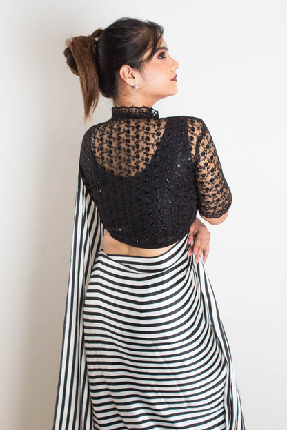 Zebra Print Black & White Satin Saree with collar net blouse - Retro Elegance in Japan Satin