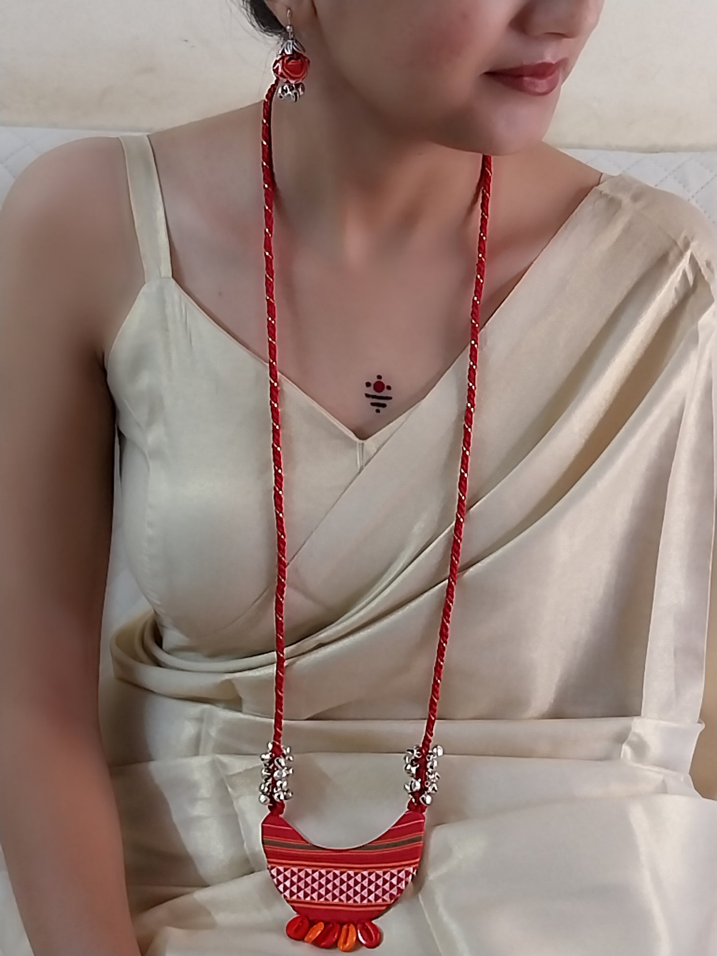 Handmade Ethnic Macrame Necklace – Red with Ghungroo & Khaan Fabric Pendant