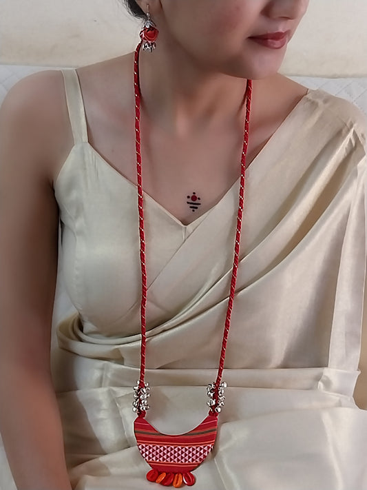 Handmade Ethnic Macrame Necklace – Red with Ghungroo & Khaan Fabric Pendant
