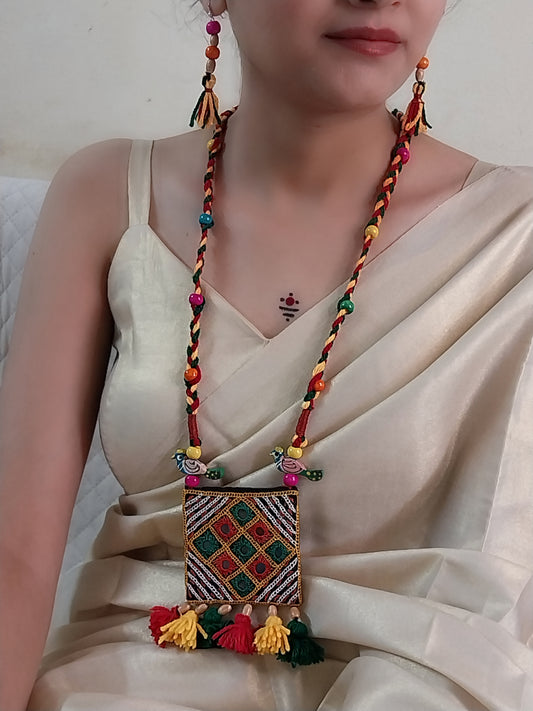 Handcrafted Multicolor Woolen Necklace Set – With Embroidered Pendant & Earrings