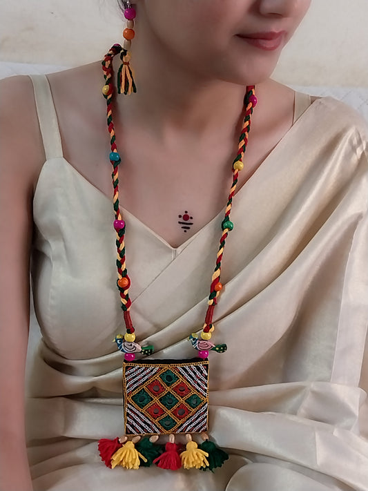Handcrafted Multicolor Woolen Necklace Set – With Embroidered Pendant & Earrings