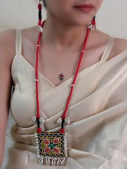Red Dandiya Necklace Set – Long Handmade Macramé with Embroidered Pendant