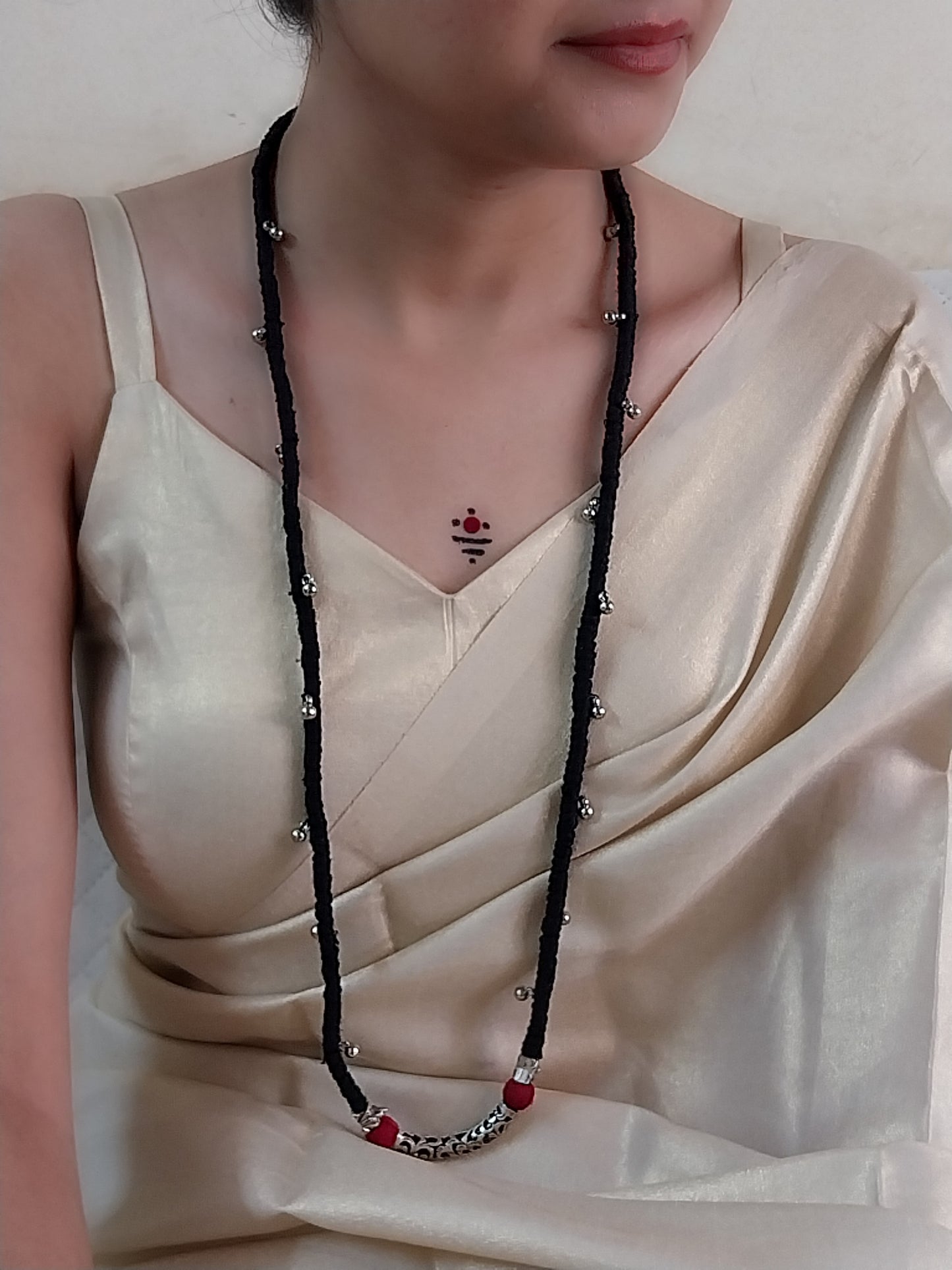 Handmade Ethnic Necklace – Red & Black with Silver Beads, Ghungroo & Macrame Pendant