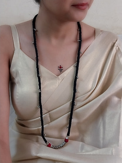Handmade Ethnic Necklace – Red & Black with Silver Beads, Ghungroo & Macrame Pendant