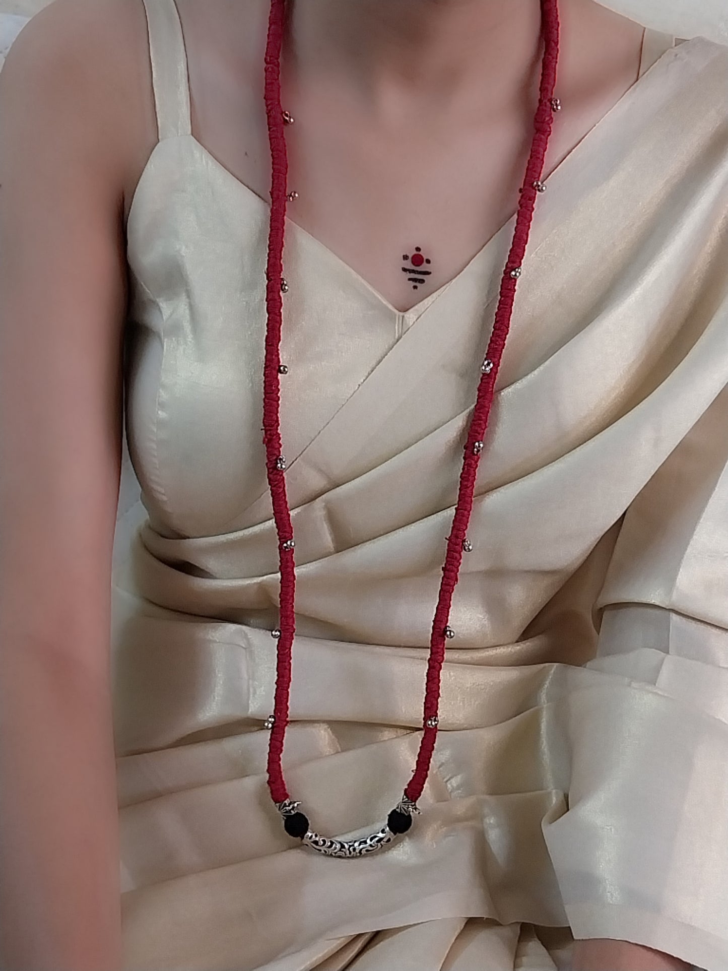 Handmade Ethnic Necklace – Red & Black with Silver Beads, Ghungroo & Macrame Pendant