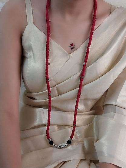Handmade Ethnic Necklace – Red & Black with Silver Beads, Ghungroo & Macrame Pendant