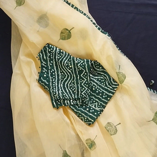 Block Print Saree -Handcrafted Light Yellow Organza with Pipal Leaf Design