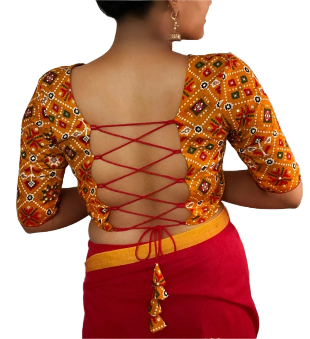 NAVELI – Mustard Yellow Patola Print Backless Blouse