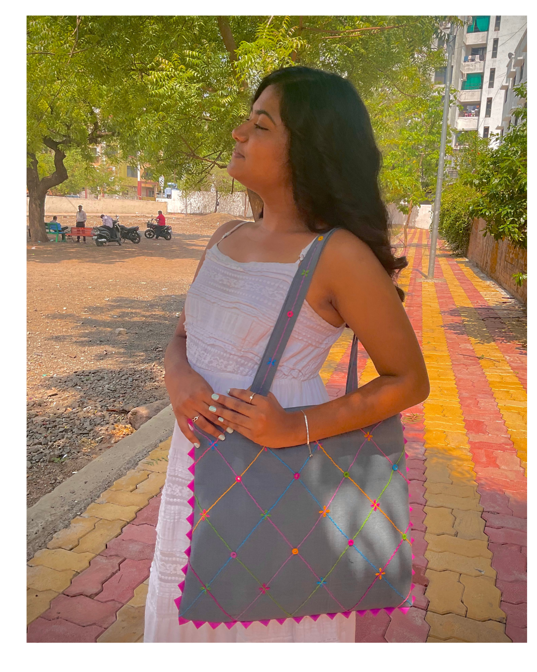 pastel Prism Tote-Grey Hand-Embroidered Tote Bag with Zipper & Inner Pocket