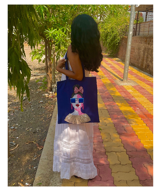 Bow & shades-Blue Hand-Painted Tote Bag with Zipper & Inner Pocket