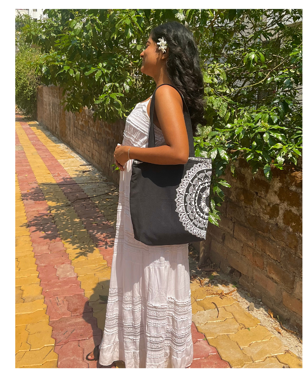 Mandala muse tote-black handpainted mandala art tote