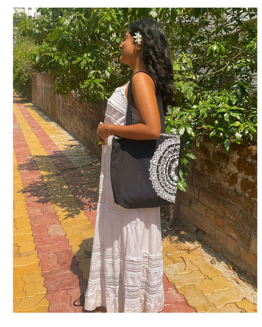 Mandala muse tote-black handpainted mandala art tote