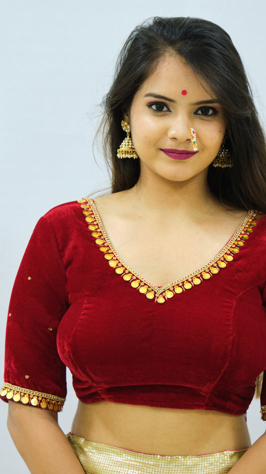 Polka Velvet Blouse with Zardozi Ariwork Hand Embroidery – Red Saree Blouse