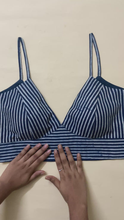 Indigo Striped Cotton Bralette Blouse with Back Opening