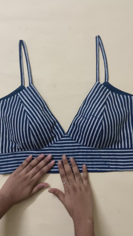 Indigo Striped Cotton Bralette Blouse with Back Opening