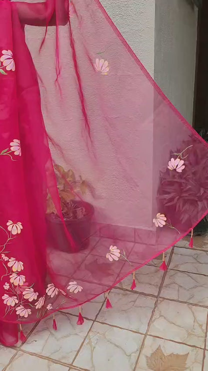 Blush Bloom – Hand-Painted Pink Organza Saree
