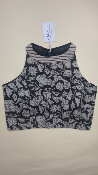 Reva -black KalamKari and stripped coller blouse/crop top