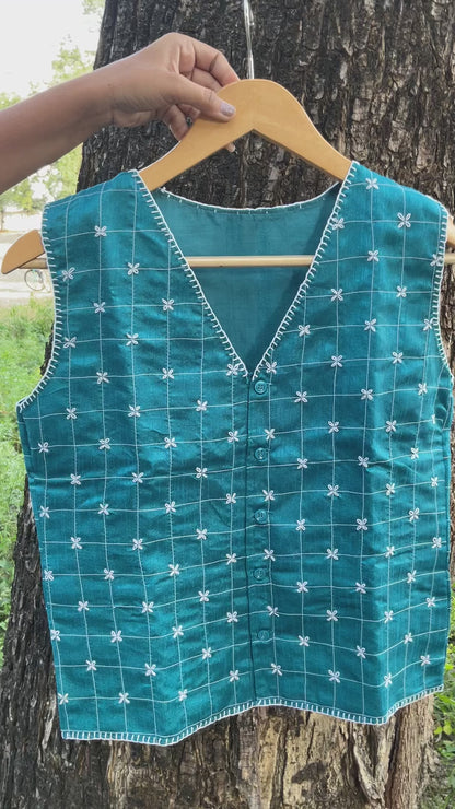 Bella Hand-Embroidered Raw Silk Blue Vest